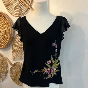 Vintage Black Embroidered Top Flutter Sleeve Floral Romantic Y2K 6P